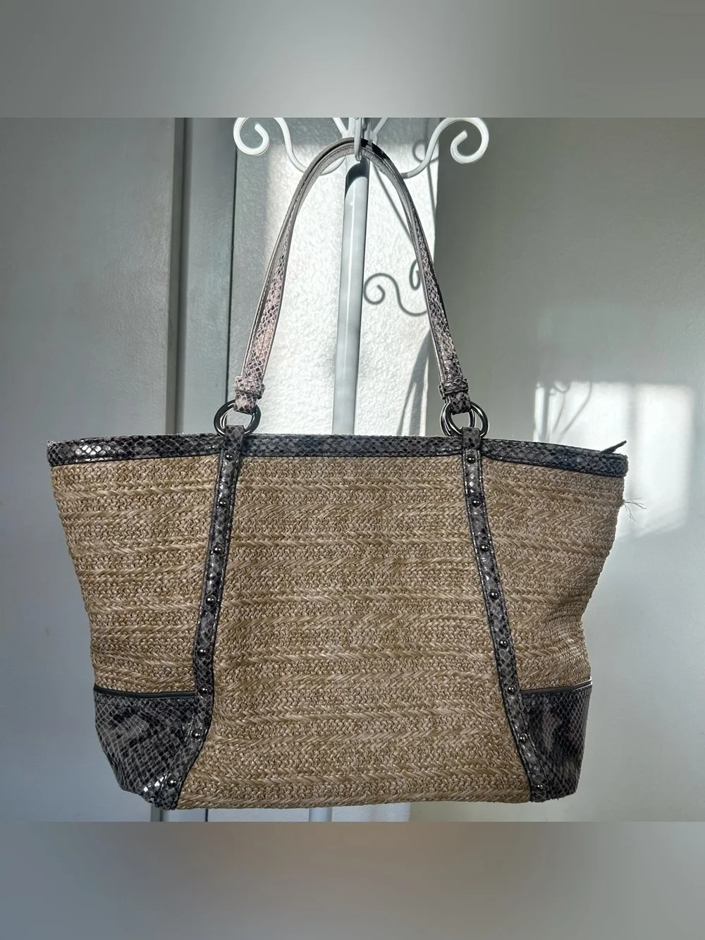 COACH EUC Alexandra straw tote with python leather trim